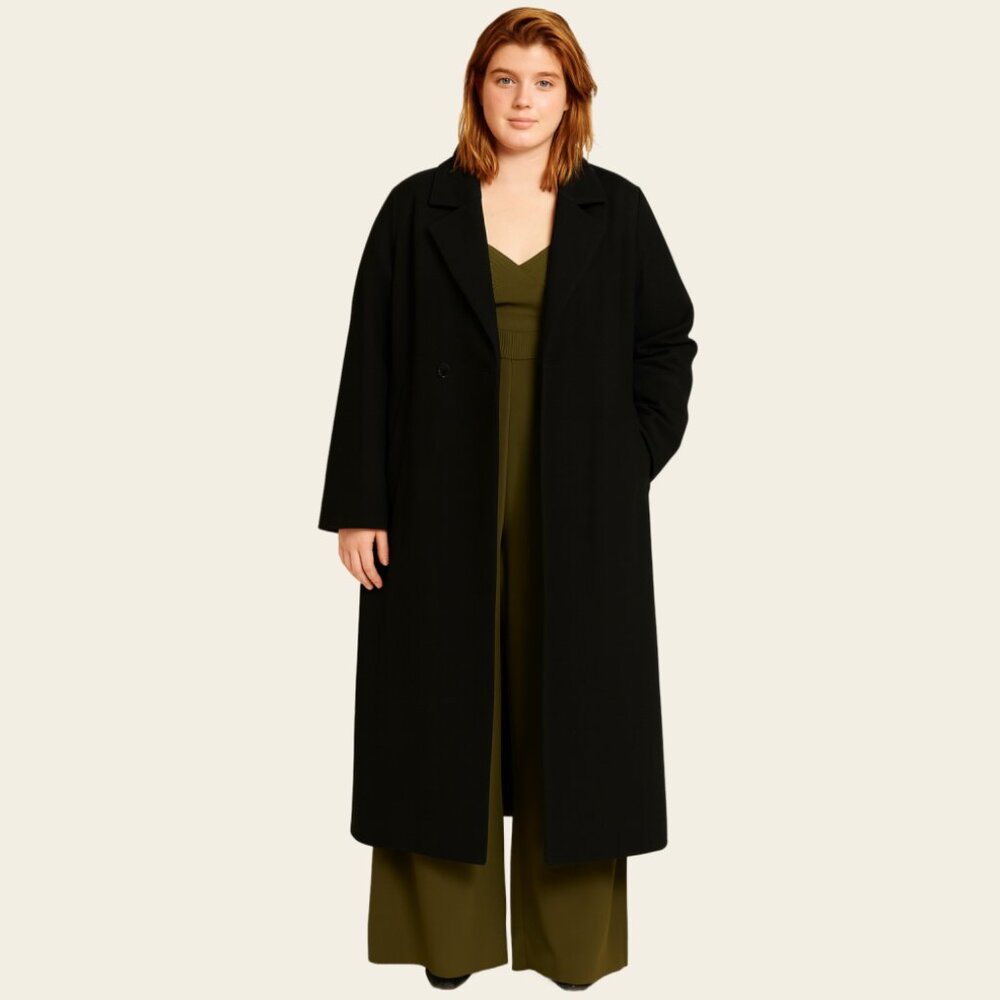 Darling Black Longline Belted Coat Sz M Old Money Quiet Luxury Dark Academia